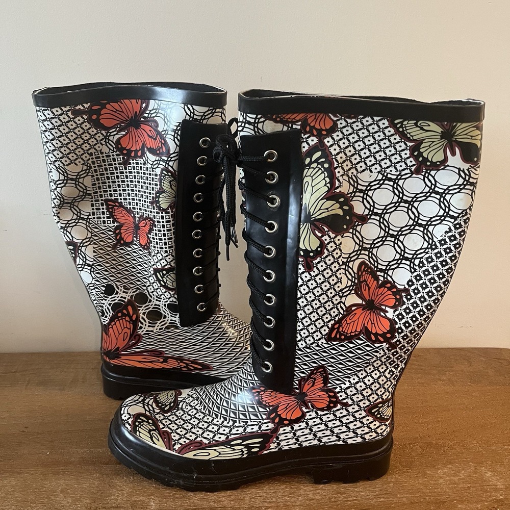 Butterfly Rain Boots Womens Size US 10 EU 42 Tall Lace Up Rubber Graphic Print